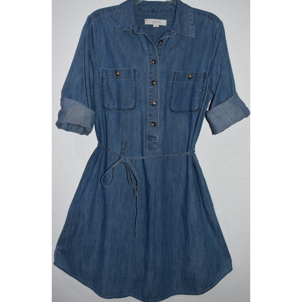 Loft‎ MEDIUM Denim Chambray Blue Shirt Dress Chest Pockets Long Slv 100% Cotton - Picture 6 of 16